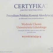 certyfikat jakości PKA dla Wydziału Chemii UG